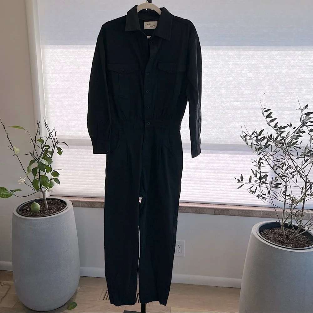 10.11 Studios Spain Soft Twill Boiler Jumpsuit Black 24 Classic Quiet Luxury NWT